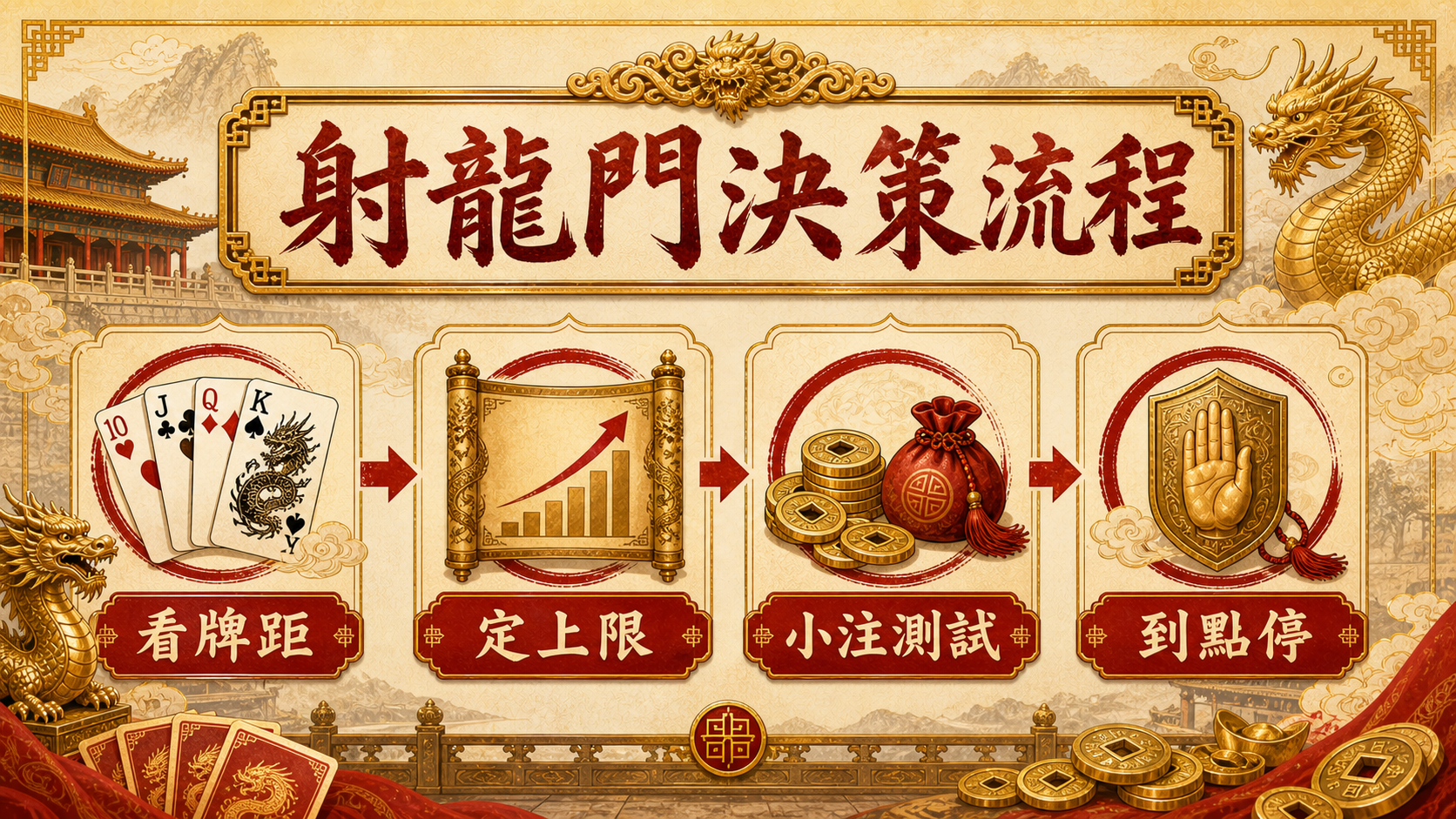 TU娛樂城射龍門決策流程圖，包含看牌距、定上限、小注測試與到點停